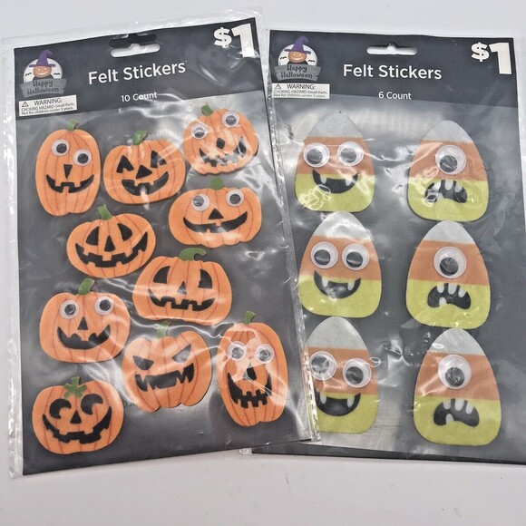 2 Jack O'Lantern Pumpkins & Candy Corn Halloween Googly Eye Felt Craft Stickers - Picture 3 of 6
